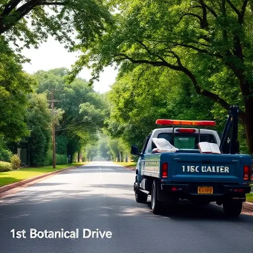 Эвакуатор в 1-м Ботаническом проезде: Полное руководство A realistic scene of a tow truck parked on a quiet, tree-lined street named 1st Botanical Drive, with lush green foliage, a well-maintained road, and subtle hints of a guidebook atmosphere such as a small open notebook or a map lying on the passenger seat, but without any visible text or lettering. The focus is on the tow truck, the surrounding botanical environment, and a sense of helpful instruction.