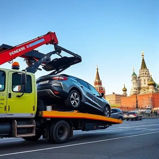 A tow truck in Moscow loading a car onto its platform, with recognizable Moscow cityscape elements such as the Kremlin dome or typical high-rise buildings in the background, under a clear sky. The scene should focus on the vehicle and the tow operation, with realistic lighting and perspective, no text or signage visible.