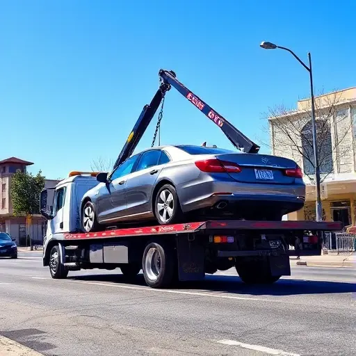 A tow truck lifting a car onto its hook, parked on a city street with a clear sky, no visible license plates or text, depicting the process of towing a vehicle