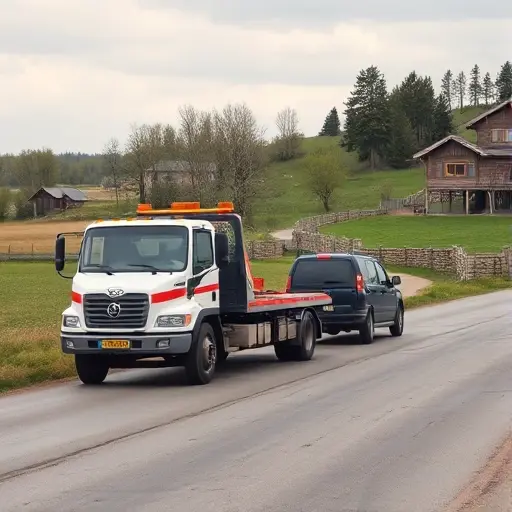 A tow truck pulling a car on a rural road in Surovikino, with a small village backdrop, no text or signage, no people or animals, high quality small format