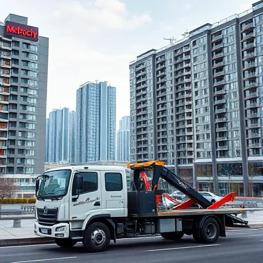 A tow truck parked in front of a modern residential complex called Metrocity in Moscow, with the complex's distinctive architecture and signage visible, a clear view of the Moscow skyline in the background, no people, no text or digits in the image, the scene should be realistic and detailed.