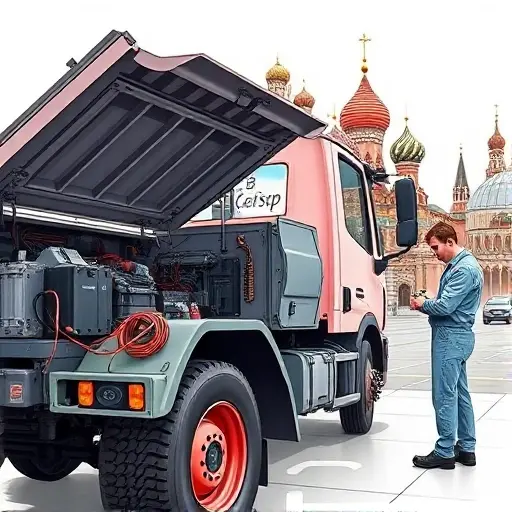 A detailed illustration of a tow truck (evakuator) in a Moscow setting, with a mechanic examining and repairing its electrical system. The scene shows the vehicle's open hood revealing complex wiring, batteries, and electronic components, while the mechanic uses diagnostic tools and a multimeter. In the background, recognizable Moscow architecture such as the Kremlin domes or a city street hints at the location, but without any signage or text. The focus is on the technical repair process, with realistic lighting and a clean, professional atmosphere.