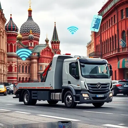 эвакуатор онлайн москва A modern tow truck with a sleek design parked on a busy Moscow street, surrounded by recognizable city architecture such as the Kremlin dome and red brick buildings, with subtle digital icons like a glowing Wi‑Fi signal and a smartphone silhouette hovering nearby to suggest an online service, all rendered in a realistic yet compact high‑quality style
