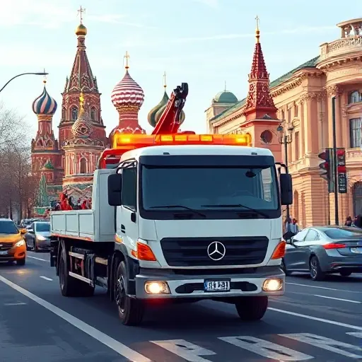 Эвакуатор Москва: Полное руководство по выбору и использованию A realistic illustration of a modern tow truck operating on a busy Moscow street, with recognizable Moscow architecture such as the Kremlin dome or St. Basil's Cathedral in the background, showing the tow truck's hook and lights, under a clear sky, focusing on the vehicle and city atmosphere