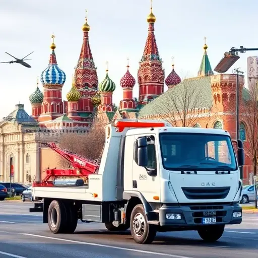 Эвакуатор Савеловский Москва: Полное руководство A realistic depiction of a modern tow truck parked on a Moscow street, with iconic city landmarks such as St. Basil's Cathedral and the Kremlin visible in the background, under a clear sky, no people or text in the scene.