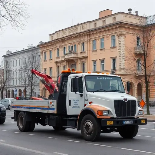 эвакуатор хорошевский москва A tow truck parked on a street in Khorozevsky, Moscow, with typical Moscow architecture in the background, no people, no other vehicles, no text or logos