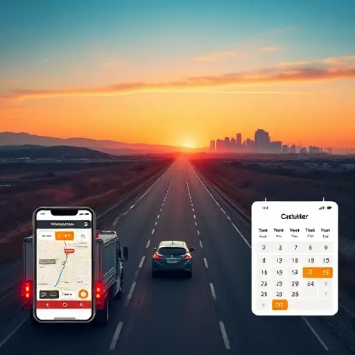 A scenic highway stretching between two cities, a modern tow truck with its rear lights on, a small car being towed, a digital map overlay showing the route, a phone displaying a booking app interface, a calculator, and a calendar with dates highlighted, all presented in a calm, professional tone