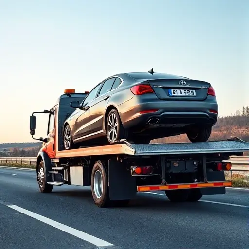 A realistic scene of a tow truck (evakuator) on a highway, partially loading a car onto its platform. The background shows a stretch of road with subtle hints of Russian landscape, suggesting a route between Perm and Moscow. The tow truck is detailed, with a sturdy chassis and a winch, while the car is positioned halfway onto the truck bed, indicating partial loading. The sky is clear, and the overall composition is balanced and professional, suitable for a guide about vehicle transport.