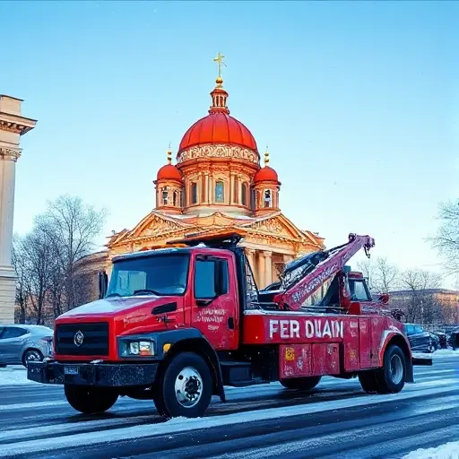 A tow truck parked on a snowy street in Saint Petersburg, with iconic red St. Isaac's Cathedral in the background, snowflakes falling, and a clear blue sky