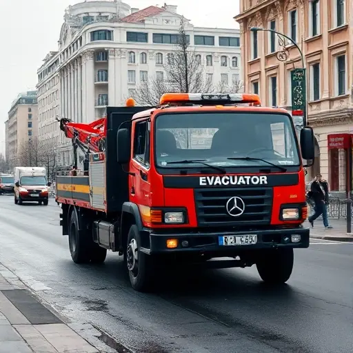A realistic scene of a tow truck (evacuator) operating on a street in the lower part of Moscow, with recognizable Russian architecture and city elements, the vehicle prominently in the foreground, no text or signage visible