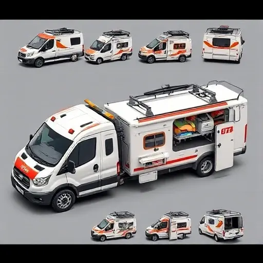 A tow truck pulling a Gazelle Next van, showcasing various modifications such as different roof racks, side panels, and cargo areas, all depicted in a realistic, detailed style