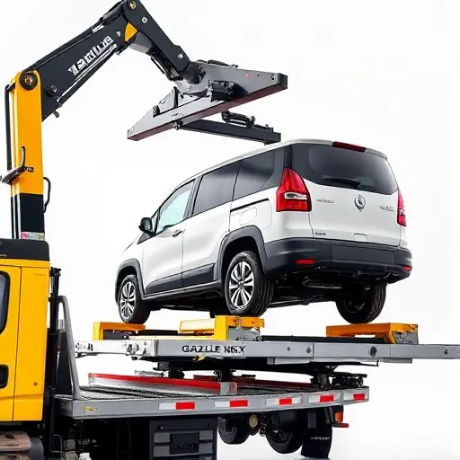 A tow truck lifting a 'Gazelle Next' vehicle onto its platform, showing the loading process with clear mechanical details and a realistic, dynamic perspective.