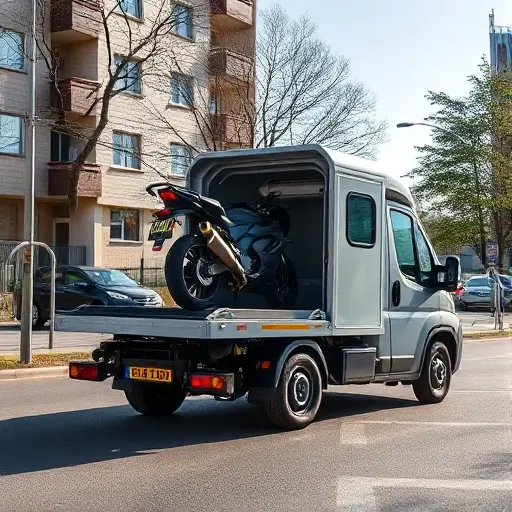A compact, modern tow truck designed for transporting motorcycles and special equipment, positioned on a city street in the Medvedkovo district of Moscow. The scene shows the truck with a low platform and secure straps, a motorcycle being loaded onto the platform, and nearby urban buildings and trees typical of a Moscow residential area. The lighting is natural daylight, with clear sky and subtle shadows, emphasizing the functionality and sleek design of the vehicle. No text, logos, or people are present in the image.