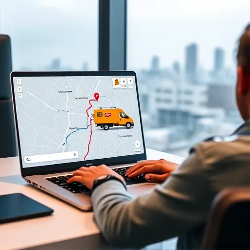 A modern office scene featuring a person seated at a desk using a laptop. The laptop screen displays a digital map of Moscow with a highlighted route and a stylized tow truck icon, accompanied by a floating calculator overlay. The setting is clean and realistic, with soft lighting and a subtle city skyline visible through a window.
