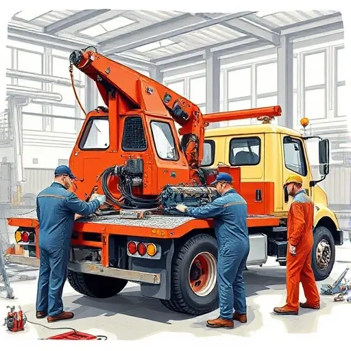 A detailed illustration of a tow truck equipped with a hydraulic manipulator in a Moscow repair workshop, showing mechanics in work overalls inspecting and repairing the hydraulic system, with visible hoses, cylinders, and tools, realistic lighting and industrial background