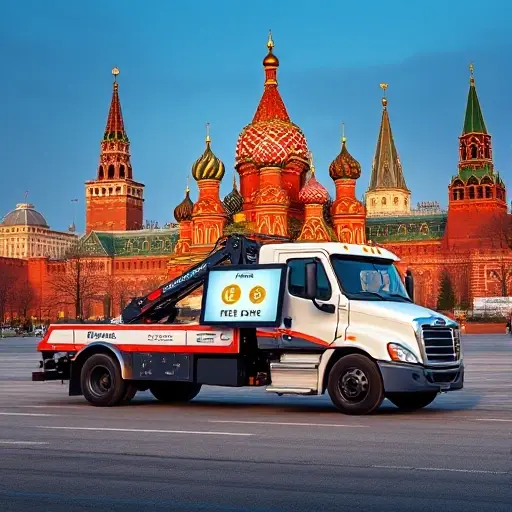 эвакуатор онлайн москва бесплатно A modern tow truck parked in front of a recognizable Moscow landmark, such as the Kremlin or Red Square, with a digital tablet or screen on the truck displaying a free service icon (e.g., a coin or a free symbol) but no text or letters, in a realistic style