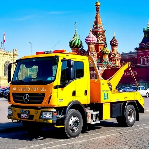 эвакуатор цао москва A bright yellow tow truck parked near the Red Square in Moscow, with the iconic St. Basil's Cathedral in the background, under a clear blue sky, no text or signage