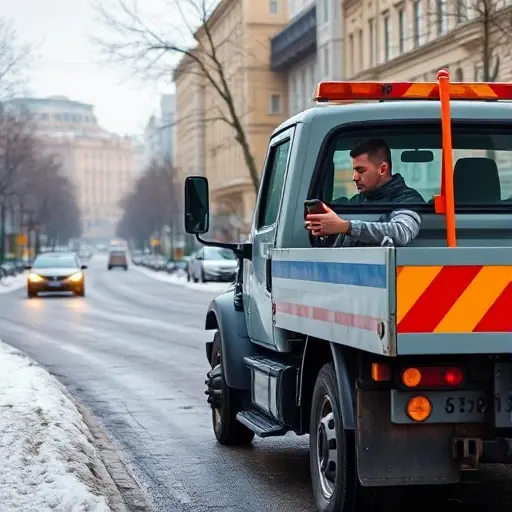 A realistic urban scene showing a tow truck parked on a Moscow street in the Central Administrative Okrug, with the driver holding a smartphone, recognizable city architecture in the background, subtle winter atmosphere, and a clear view of the vehicle and street, without any text or signage.