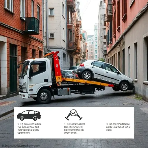 A tow truck parked in a narrow alley in the Amur region, with a car being towed, showing a clear step-by-step visual guide of the towing process, with a cityscape background, no text or lettering, no explicit content