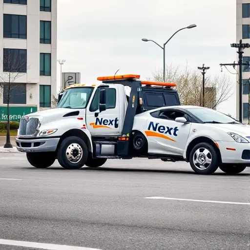 A modern tow truck branded as Next, towing a car in an urban setting, with a clean, professional look, no text or letters, no digits
