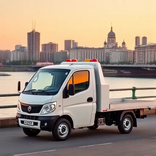 A compact, modern tow truck with a full loading platform parked in front of a recognizable Volgograd cityscape, such as the Volga River or a local landmark, with a clear, bright, and professional look. The scene should emphasize the vehicle’s towing capability and affordability, using a subtle color palette and realistic lighting. No text, letters, or numbers should appear in the image.