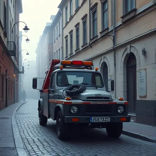 Эвакуатор в 1-м Щемиловском переулке: Полное руководство A realistic scene of a tow truck positioned on a narrow cobblestone street in the first Shchemilovsky lane, surrounded by historic low-rise buildings and street lamps, with a subtle morning mist, focusing on the vehicle and the alley atmosphere, without any visible text, signs, or numbers.