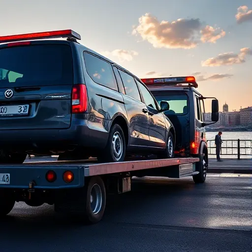 A professional tow truck carefully loading a modern passenger car on the side of the Berezhkovskaya Embankment in Moscow. In the background, a scenic view of the river, city architecture, and a clear sky. High detail, cinematic lighting, professional automotive photography, urban environment, realistic textures of asphalt and metal.
