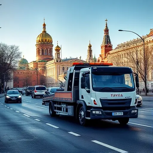 услуги эвакуатора в москве A modern tow truck pulling a car on a busy Moscow street, with recognizable Moscow architecture such as the Kremlin dome in the background, under a clear sky, realistic lighting, smallHQ style