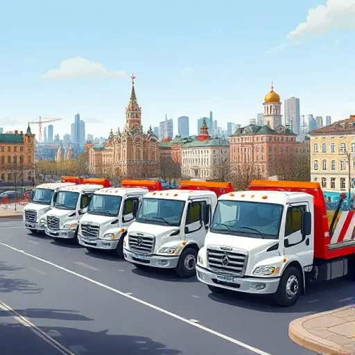 A realistic illustration of a fleet of tow trucks parked on a street in Tимирязевский, Moscow, with a backdrop of local cityscape, no signage or text visible, depicting a professional and affordable service