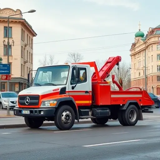 Эвакуатор в Лосиноостровском районе: Полное руководство A realistic tow truck parked on a street in Losinoostrovsky district, with subtle Russian architectural elements in the background, no people or other vehicles, no text or lettering, in a clear, high-resolution style