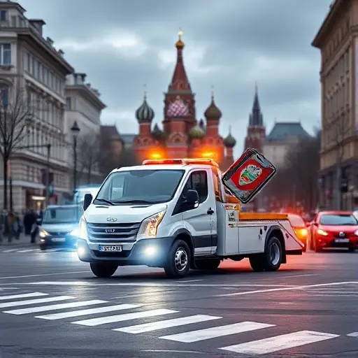 Эвакуатор Москва Срочно Телефон: Полный План Статьи A dynamic scene showing a modern tow truck parked on a busy Moscow street with recognizable city landmarks like the Kremlin silhouette in the background, a glowing smartphone hovering nearby to suggest an urgent call, all rendered in a realistic yet compact high-quality style without any visible text or symbols