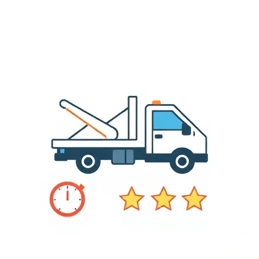 A tow truck with a price tag icon, a stopwatch icon, and a star rating icon, all arranged in a clean, minimalistic composition, no text or numbers present