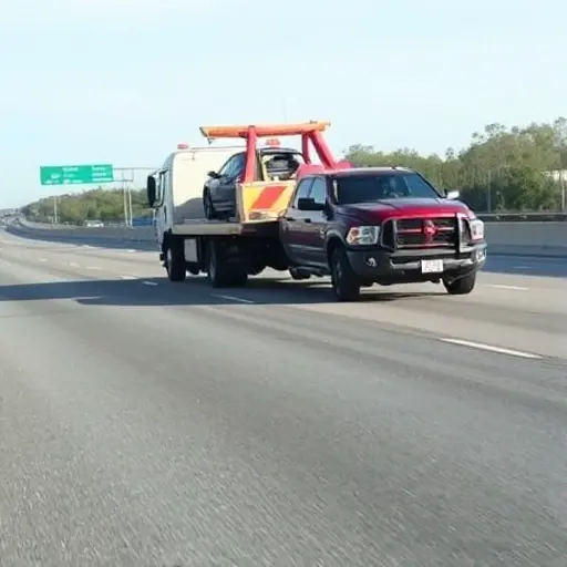 A tow truck pulling a damaged car on a highway, with a clear sky and no people or text in the foreground
