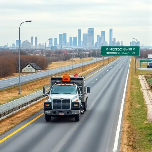 Эвакуатор Сергиев Посад – Москва: Полное Руководство по Услугам и Ценам A realistic scene showing a modern tow truck driving along a highway that connects a small town to a large city, with the outline of Moscow's skyline visible in the distance and a signpost indicating the direction to Moscow, all rendered in a clean, detailed style without any text, letters, or numbers.