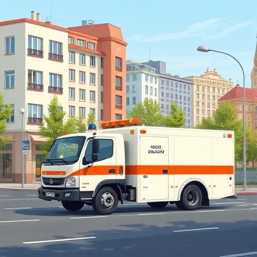 A realistic smallHQ style illustration of a tow truck (evacuator) operating on a city street in the Eastern Izmaylovo district of Moscow, with typical Russian urban buildings, trees, and a clear sky, focusing on the vehicle and the surrounding environment without any text or signage