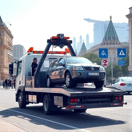 Эвакуатор в Москве‚ СЗАО: Полное руководство по заказу и выбору A realistic scene of a modern tow truck parked on a busy Moscow street in the North-West district, with typical city buildings and a hint of the Moscow skyline in the background. The tow truck is equipped with a hydraulic lift and a hook, and a driver in a uniform is gently attaching a small sedan to the lift. The street shows typical Russian road signs (without visible text) and a few pedestrians, but no visible letters or numbers. The atmosphere is bright daylight, with subtle reflections on the vehicle surfaces.