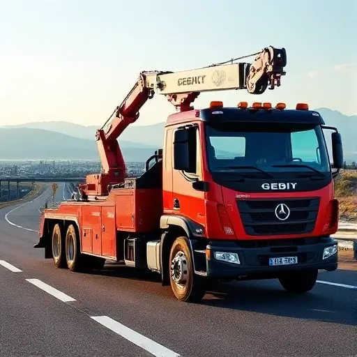 A modern tow truck equipped with a hydraulic manipulator parked on a scenic highway between cities, with a clear sky and distant mountains, showcasing the truck's robust design and the manipulator arm in action