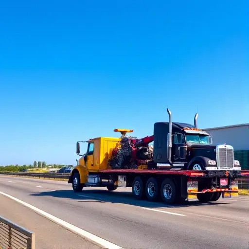 A robust tow truck designed for heavy trucks, with a large winch, a reinforced flatbed, and a bright yellow and black color scheme, positioned on a highway with a large semi-truck on the side being lifted by the tow truck. The scene shows a clear blue sky, a smooth asphalt road, and a few distant trees. The focus is on the tow truck's powerful engine, the winch cable, and the heavy truck being towed, with no text or logos visible.