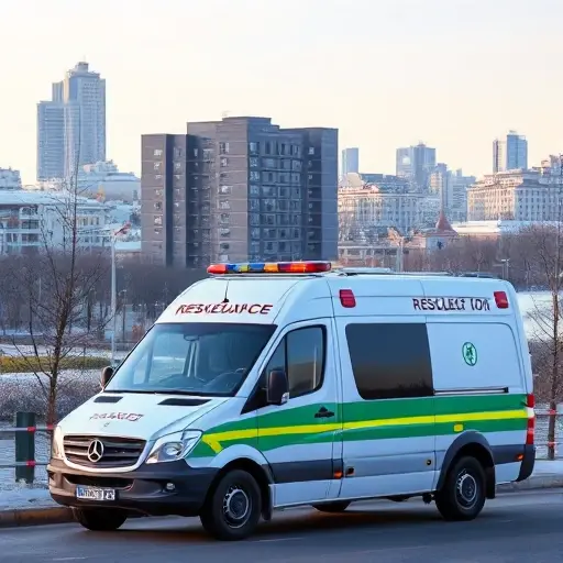 эвакуаторы москвы химки A rescue vehicle (evacuation) parked in front of a Khimki, Moscow cityscape, with a clear sky, no text or lettering, no people or animals, no digits