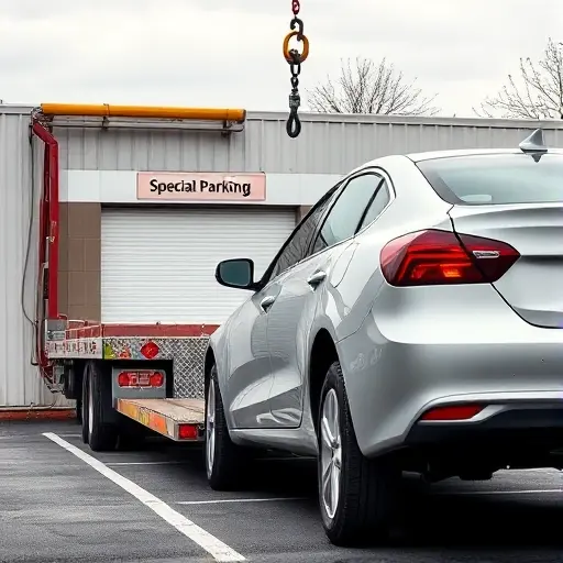 A tow truck hauling a car toward a designated special parking lot, showing the tow truck's hook and the parking area with clear signage indicating 'Special Parking' in a realistic, detailed setting
