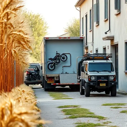 A realistic scene of a tow truck (evacuator) parked in a charming alley lined with golden wheat sheaves, with a smaller sub-tow vehicle loading a motorcycle and another specialized vehicle carrying equipment, under soft natural lighting, no text or signage