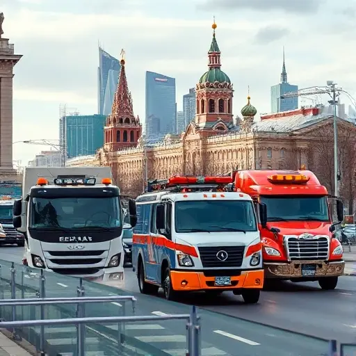 Эвакуаторы Москвы: Продажа‚ Выбор и Особенности A realistic city street scene in Moscow featuring several modern tow trucks (evakuatory) assisting vehicles, with the iconic Moscow skyline and recognizable architecture in the background, showing the trucks' equipment and the urban environment, without any text, logos, or signage