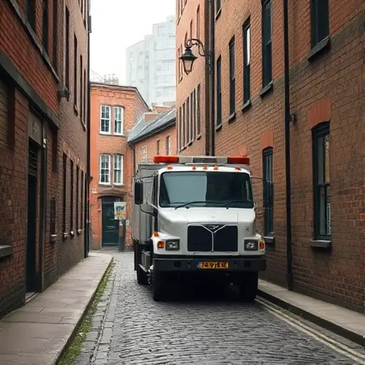 A realistic scene of a tow truck (evacuator) positioned in a narrow, slightly cobblestone alley named 2nd Terneviy Lane, with old brick buildings on both sides, a street lamp, and a subtle hint of a cityscape in the background. The focus is on the tow truck and the alley atmosphere, without any visible text, letters, or numbers.