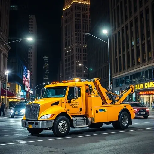 A bright yellow tow truck parked on a bustling city street, illuminated by streetlights at night, with a clear view of surrounding buildings and traffic, conveying 24/7 availability, no text or signage visible