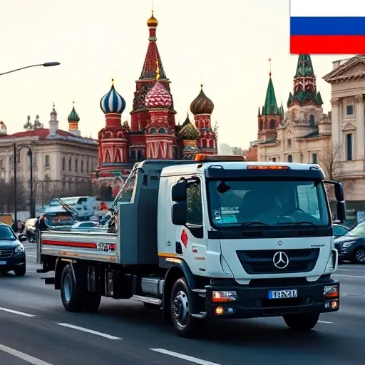 A modern tow truck parked on a busy street in Moscow, with iconic city landmarks such as the Kremlin or St. Basil's Cathedral in the background, and a subtle hint of Ryazan's skyline or a Ryazan flag in the corner, all depicted without any text or lettering
