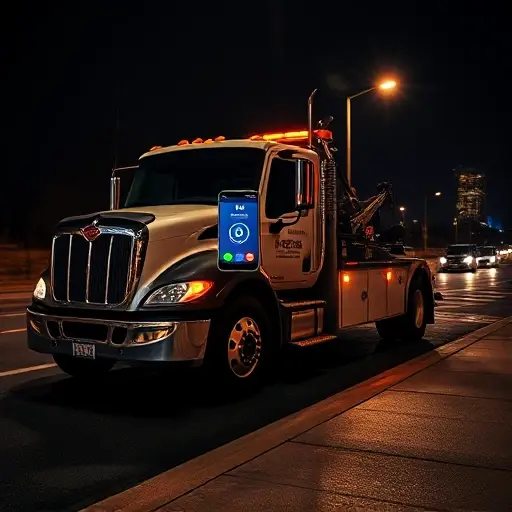 A modern tow truck parked on a city street at night, illuminated by streetlights, with a glowing smartphone placed on the truck's hood showing a call screen without any visible text or numbers, emphasizing 24‑hour emergency service; the scene conveys reliability and readiness, with subtle reflections on wet pavement and a faint city skyline in the background