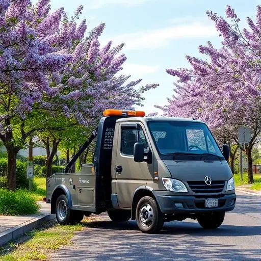 A compact tow truck parked on a quiet street lined with Hungarian lilac trees, with small lilac blossoms and green foliage surrounding the vehicle, under a clear sky, realistic lighting, no text or signage visible