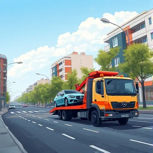 A realistic illustration of a tow truck operating on a city street in Zelenograd, Moscow, pulling a broken down car onto its platform, with urban buildings and trees in the background under a clear sky, showing the service of an evacuation vehicle.