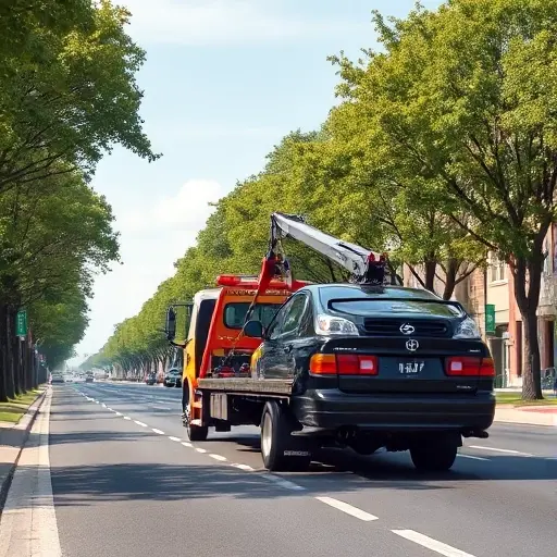 A realistic scene of a tow truck lifting a stranded car on a wide urban avenue named Alley of Friendship of Peoples, with trees lining the street, a clear sky, and a subtle hint of a smartphone app interface in the background, rendered in the smallHQ style