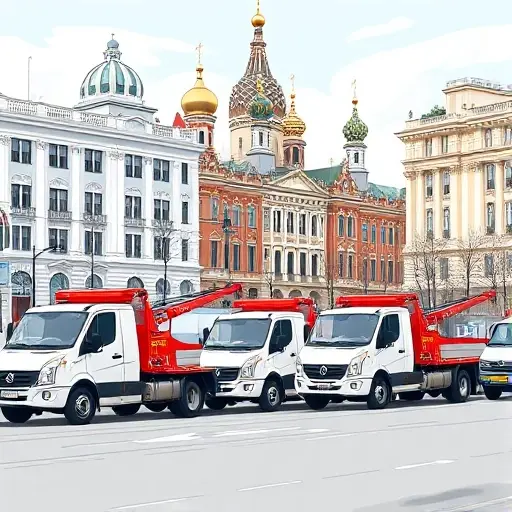 A realistic illustration of several affordable tow trucks parked on a Moscow street in the South-West Administrative District, with iconic Moscow architecture in the background, no text or signage, no people, no cars, no digits